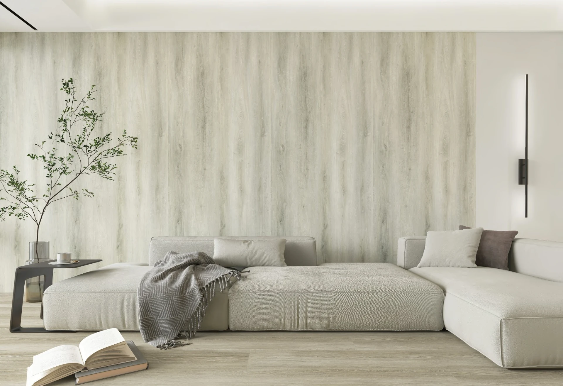 SPC wall panel application example in 29074-1 Wood Light Beige