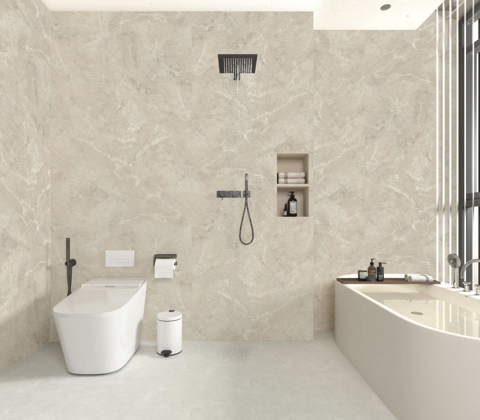 SPC wall panel application example in a bathroom