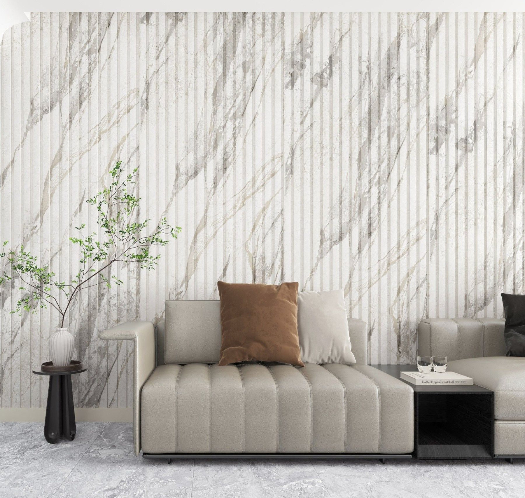 Living room clad in marble-look 3D fluted wall panels