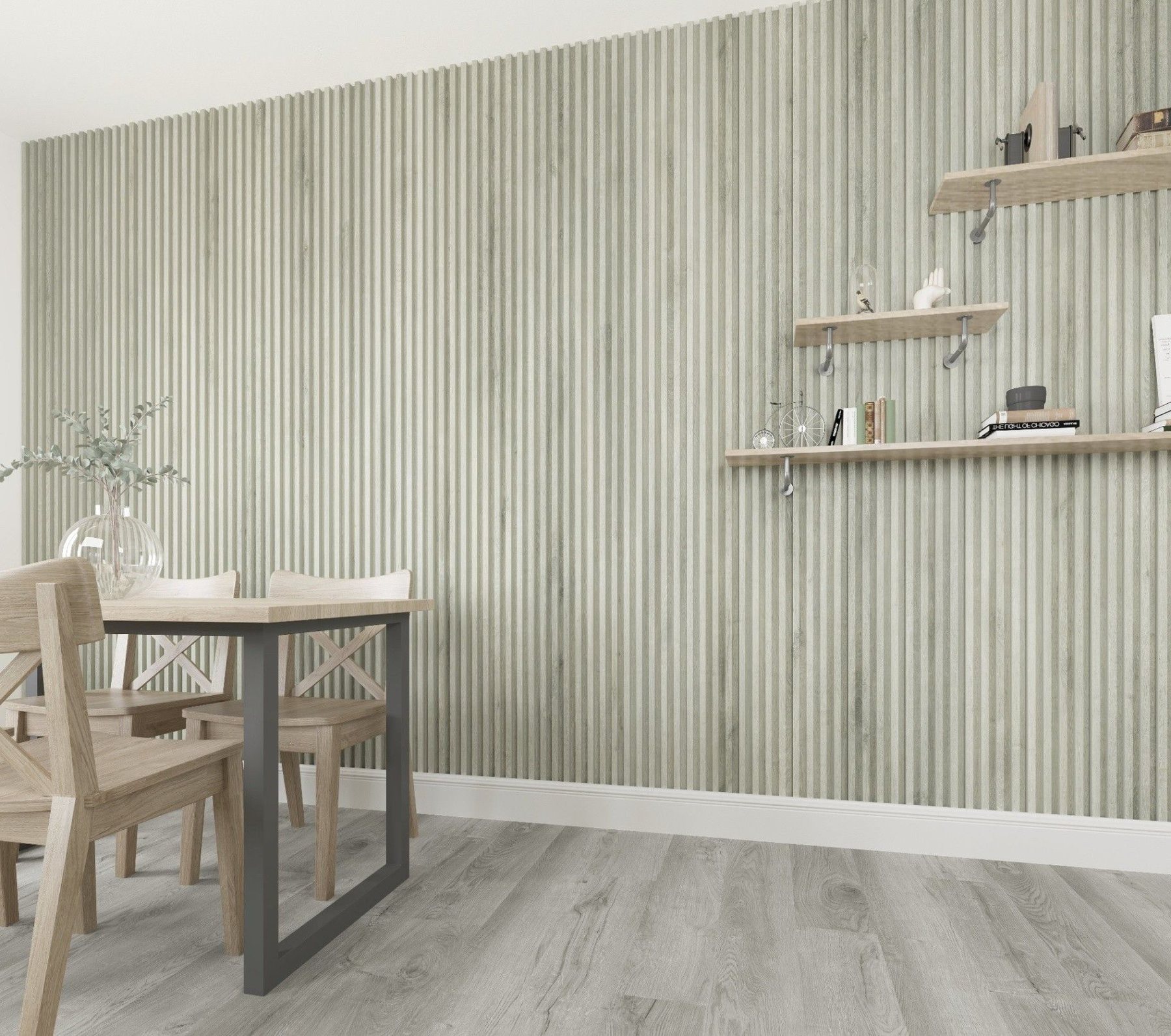 Dining room clad in sage-toned 3D fluted wall panels