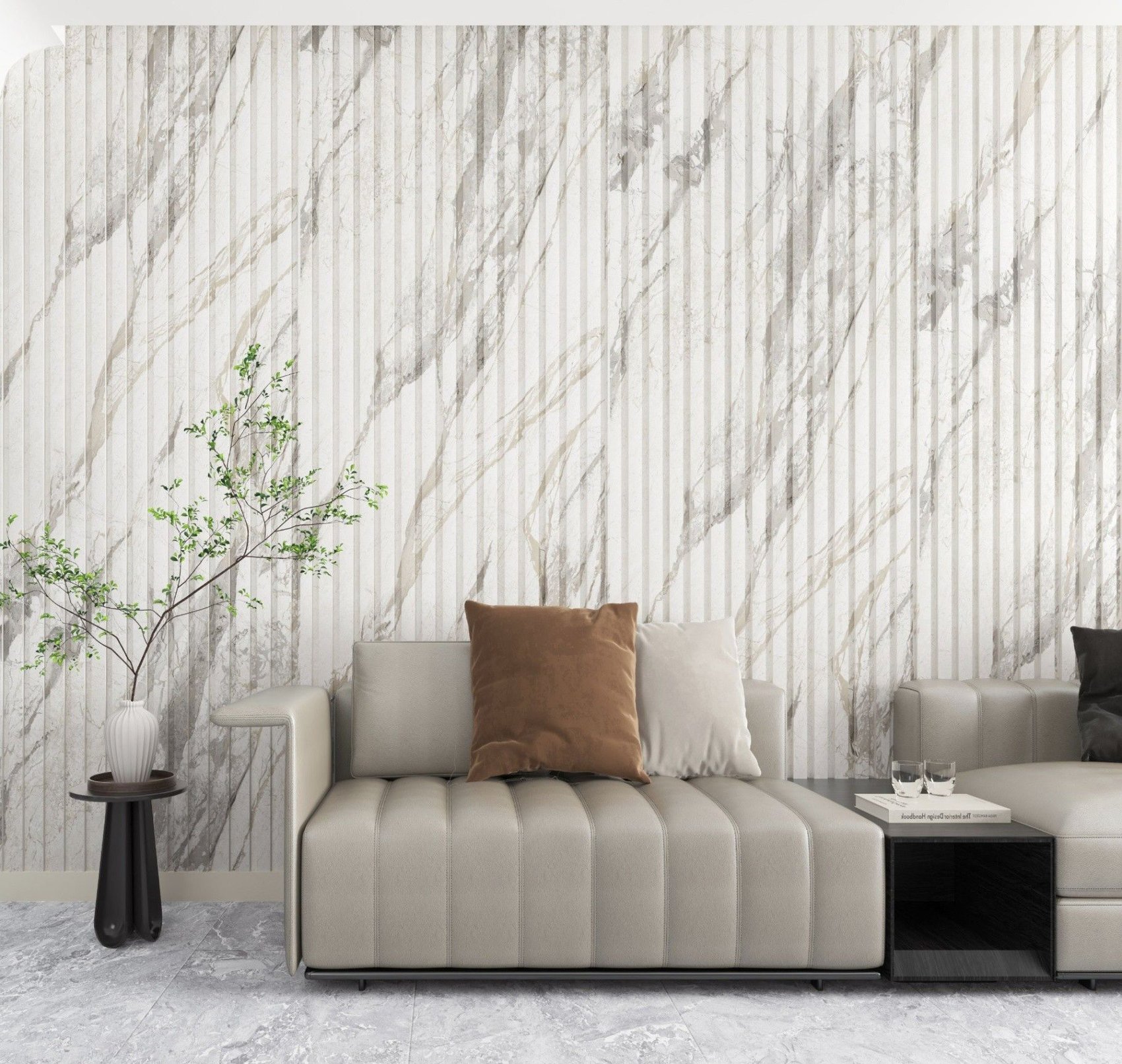 Fluted 3D SPC wall panel, marble-look fluted surface