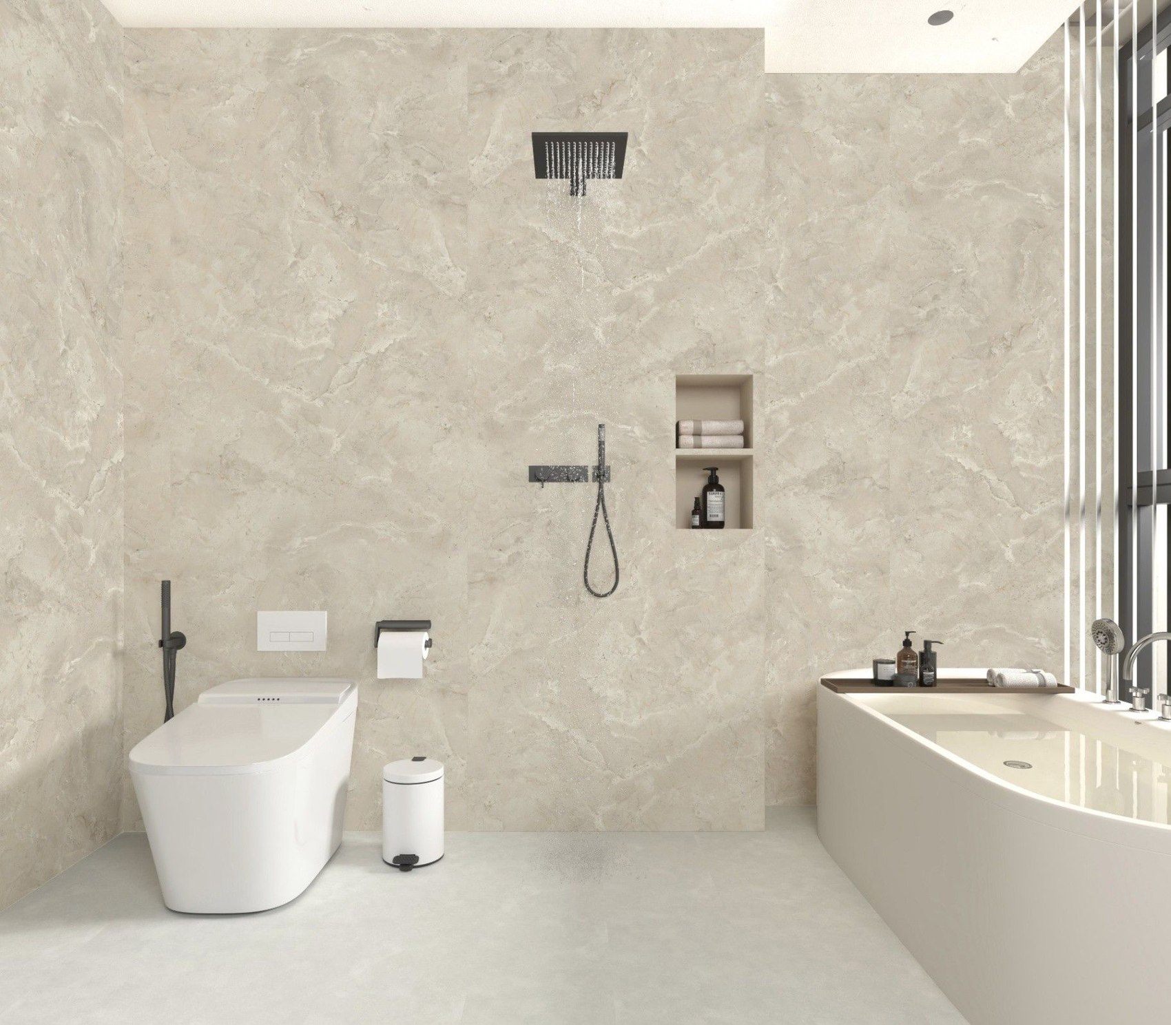 Modern bathroom wall clad in SPC wall panels, application image